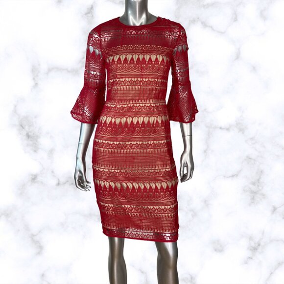 Cooper St Red Crochet Lace Dress Bell Sleeve Knee Length 4 - Picture 1 of 7